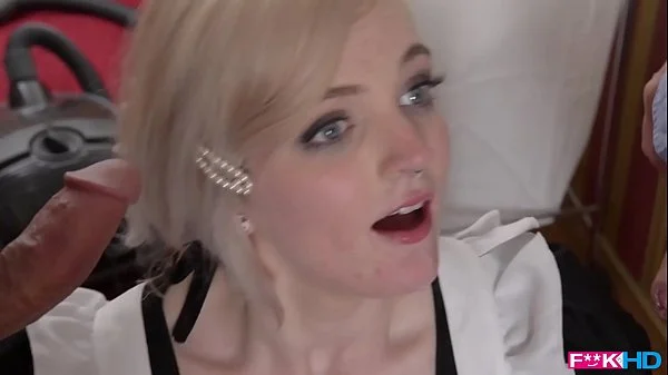 Hotel maid Carly Rae deepthroats two dicks and swallows a mouthful of cum