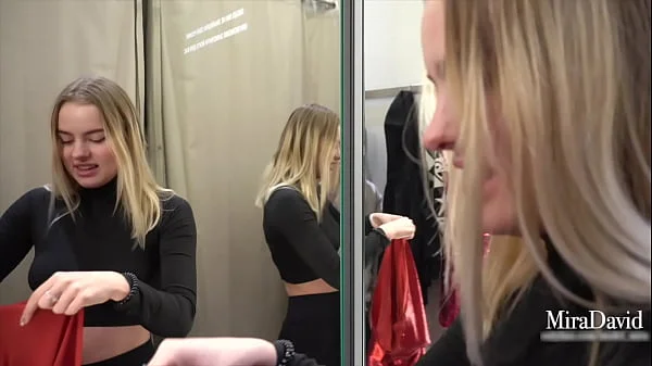 Babe gets public risky blowjob in fitting room - Close to be caught