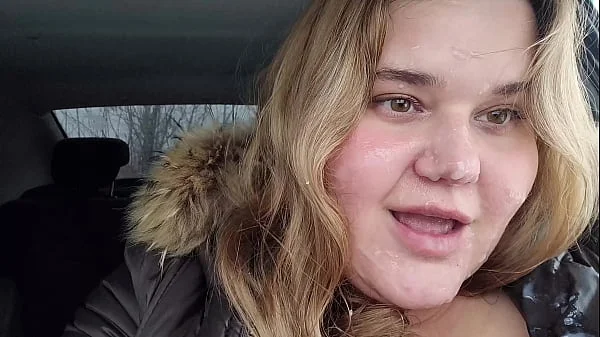 Huge facial of a cute BBW blonde with big breasts in inclement weather