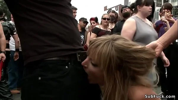 Blonde slut gangbanged in public