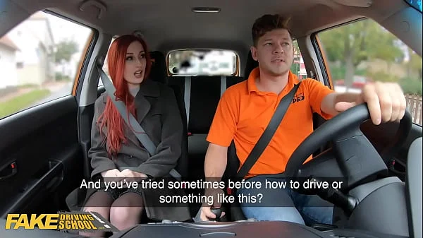 FakeDrivingSchool Redhead Brit with Pierced Tits has Tights Ripped and Pussy Fucked