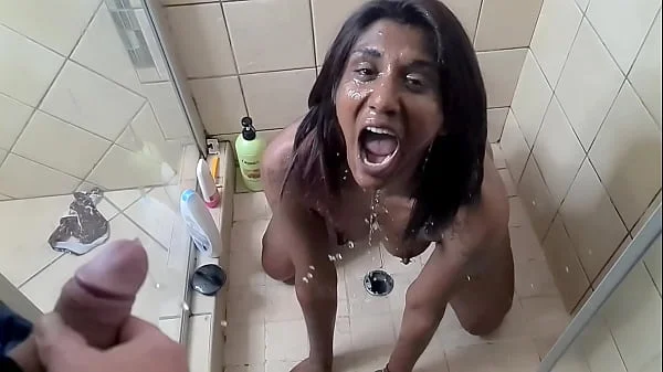 Indian girl white cock face piss in slow motion, POV